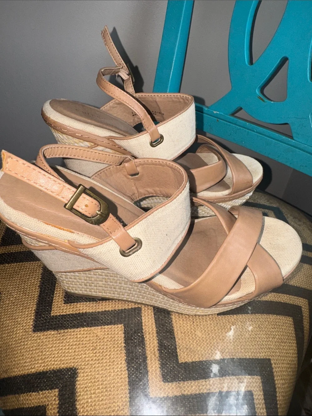 Kenneth Cole Reaction Beige/Tan Canvas and Leather Wedge Sandals